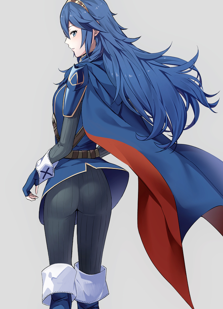 1girl ameno_(a_meno0) armor ass belt black_pants blue_cape blue_eyes blue_footwear blue_gloves blue_hair blush boots brown_belt cape fingerless_gloves fire_emblem fire_emblem_awakening floating_hair from_behind gloves grey_background long_hair long_sleeves looking_at_viewer lucina_(fire_emblem) pants pauldrons profile red_cape ribbed_pants shoulder_armor simple_background solo tiara two-tone_cape