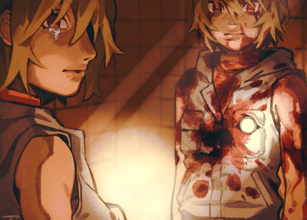 2girls blonde_hair blood blood_on_clothes blood_on_face blood_stain crying crying_with_eyes_open doppelganger flashlight glowing_pupils heather_mason jacket light margaret_h multiple_girls no_pupils sidelighting silent_hill_(series) silent_hill_3 sleeveless sleeveless_turtleneck tearing_up tears turtleneck vest white_jacket white_vest