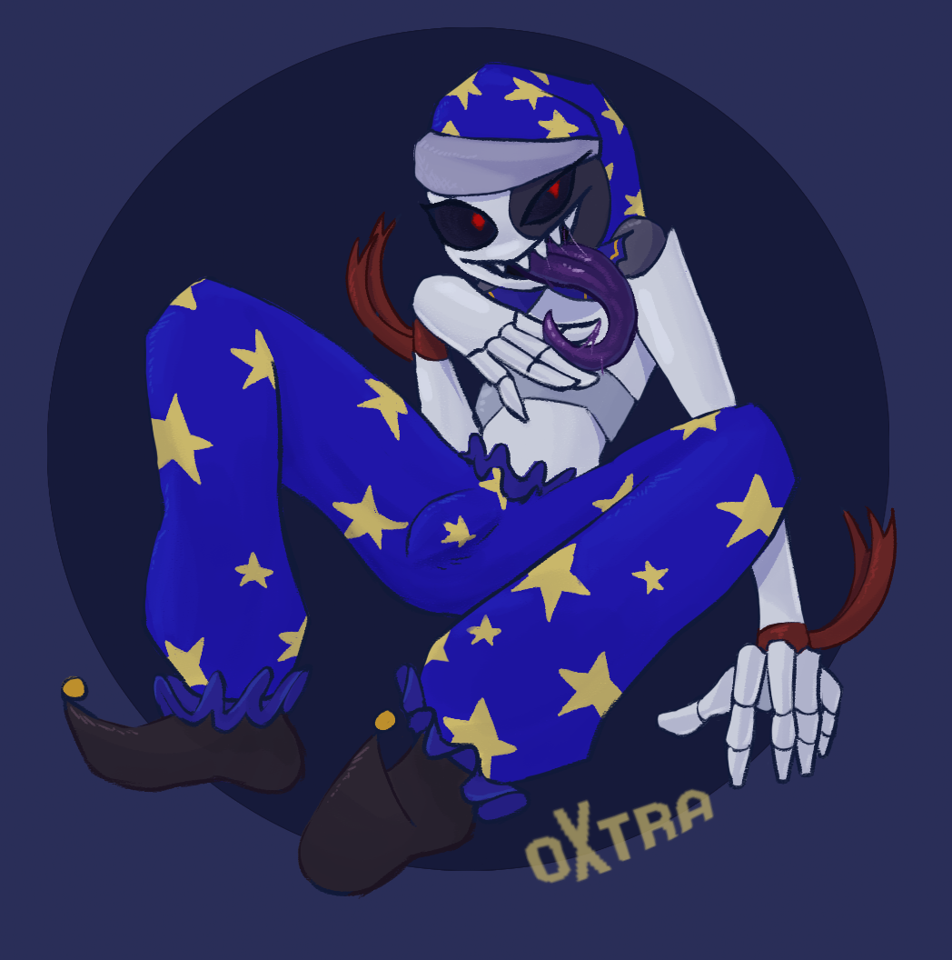 animatronic anthro black_sclera bodily_fluids bottomwear bulge clothing daycare_attendant_(fnaf) finger_fetish finger_lick finger_play fingers footwear grey_background hat headgear headwear licking long_fingers long_tongue looking_at_viewer machine male moon_(fnaf) nightcap oversized_bottomwear oversized_clothing oversized_pants oxtra pants red_eyes ribbons robot saliva saliva_on_tongue saliva_string sharp_teeth shoes simple_background solo teeth tongue tongue_out