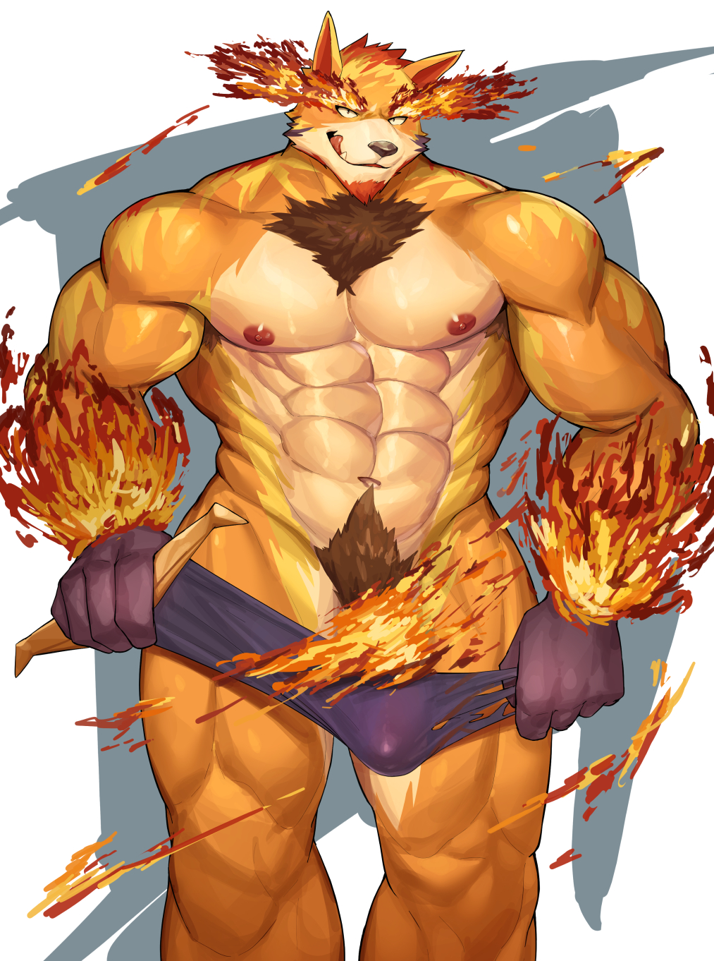1boy abs animal_ears bara chest_tuft convenient_censoring crave_saga crimalluin_(crave_saga) dog_boy dog_ears facial_hair fiery_ears flaming_hand gloves goatee highres kawara_gawara large_pectorals licking_lips looking_at_viewer male_focus male_pubic_hair multicolored_fur muscular muscular_male nipples nude orange_fur pectorals pubic_hair red_fur simple_background solo tongue tongue_out tusks yellow_fur