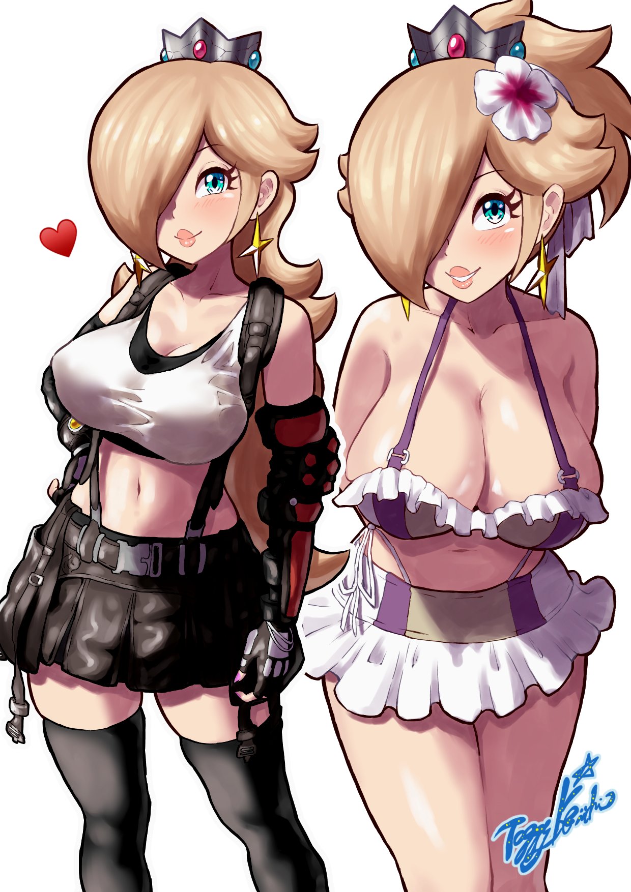 1girl bare_shoulders bikini bikini_skirt black_gloves black_skirt black_thighhighs black_undershirt blonde_hair blue_eyes breasts cleavage collarbone cosplay crown earrings final_fantasy final_fantasy_vii final_fantasy_vii_rebirth final_fantasy_vii_remake fingerless_gloves flower frilled_bikini frills gloves hair_flower hair_ornament hair_over_one_eye heart high_ponytail highres jewelry large_breasts long_hair looking_at_viewer mario_(series) navel purple_bikini rosalina side-tie_bikini_bottom signature simple_background skirt star_(symbol) star_earrings super_mario_galaxy swimsuit tank_top thighhighs thong_bikini tifa_lockhart tifa_lockhart_(cosplay) tifa_lockhart_(shining_spirit)_cosplay toggy_keiichi white_background white_bikini white_tank_top