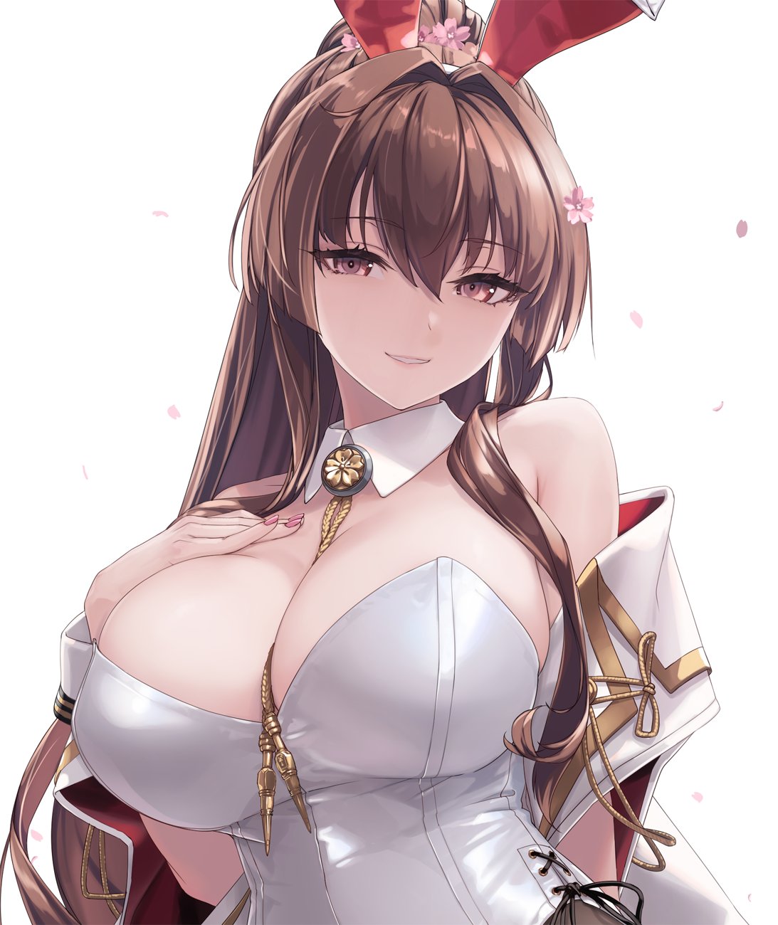 1girl animal_ears breasts brown_eyes brown_hair cherry_blossoms detached_collar fake_animal_ears flower hair_between_eyes hair_flower hair_ornament headgear highres kantai_collection large_breasts leotard long_hair playboy_bunny ponytail rabbit_ears rokuwata_tomoe sleeveless sleeveless_jacket smile solo strapless strapless_leotard upper_body very_long_hair white_leotard yamato_(kancolle) yamato_kai_ni_(kancolle)