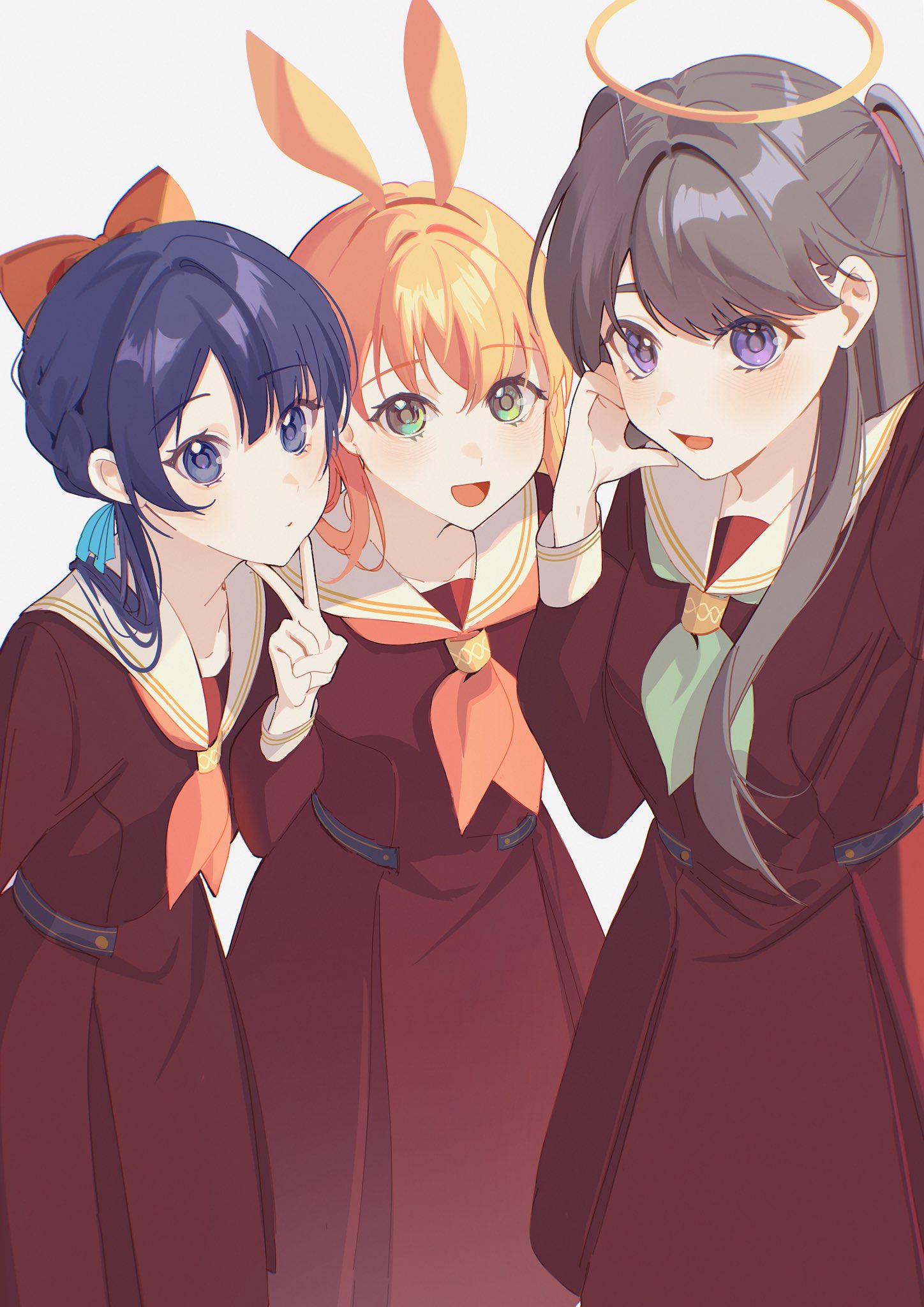 3girls animal_ears aqua_neckerchief arms_behind_back blue_eyes blue_hair bow braid brown_dress brown_hair closed_mouth cowboy_shot crossed_bangs dark_blue_hair dkou dress fake_animal_ears fake_halo fujishima_megumi green_eyes hair_bow hair_over_shoulder half-heart_hands halo hasu_no_sora_school_uniform highres hinoshita_kaho leaning_forward link!_like!_love_live! long_hair long_sleeves looking_at_viewer love_live! low_twintails medium_hair multiple_girls murano_sayaka neckerchief open_mouth orange_bow orange_hair pleated_dress purple_eyes red_neckerchief sailor_collar sailor_dress school_uniform selfie side_braids sidelocks simple_background smile swept_bangs twintails two_side_up v white_background white_sailor_collar winter_uniform