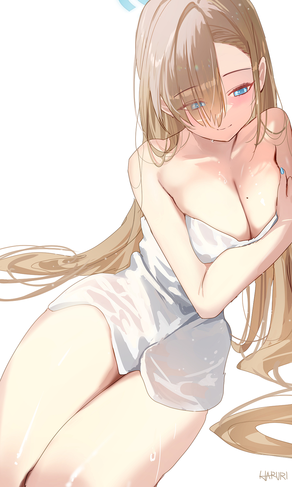 1girl asuna_(blue_archive) asymmetrical_bangs bare_shoulders blue_archive blue_halo blue_nails blush breasts cleavage closed_mouth collarbone hair_over_one_eye halo haruri highres large_breasts long_hair mole mole_on_breast naked_towel simple_background sitting smile solo thighs towel very_long_hair white_background