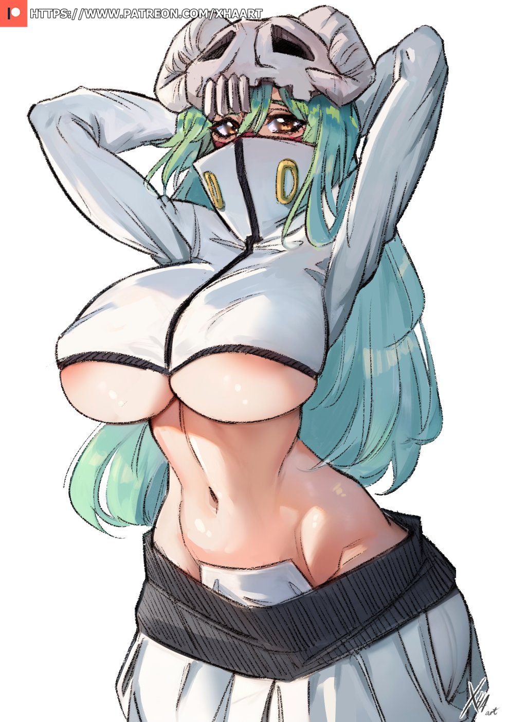 1girl arms_behind_head artist_name bleach breasts commentary cosplay covered_mouth cropped_jacket english_commentary green_hair high_collar highres jacket large_breasts long_hair looking_at_viewer navel nelliel_tu_odelschwanck pants patreon_logo patreon_username signature simple_background skull_on_head solo sword tier_harribel tier_harribel_(cosplay) underboob watermark weapon web_address white_background white_jacket white_pants xhaart yellow_eyes