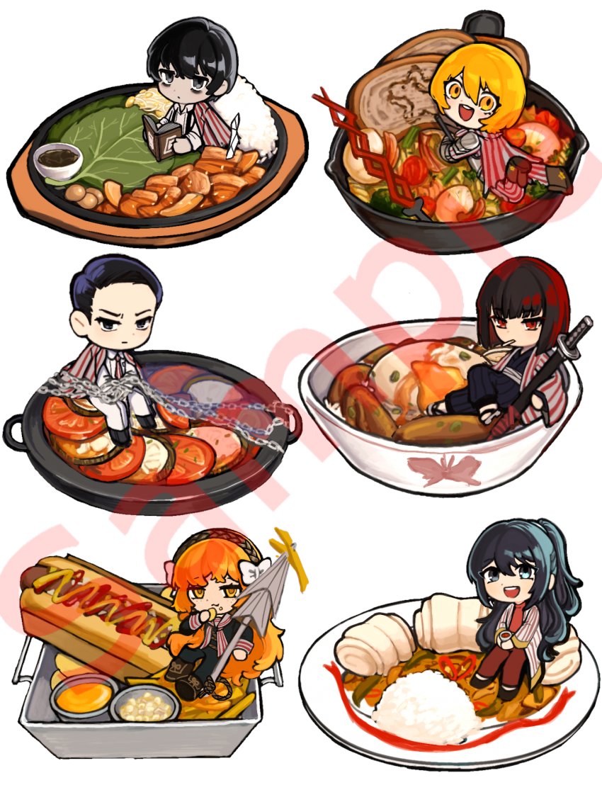 3boys 3girls blonde_hair bowl chain chicken_(food) chips_(food) don_quixote_(project_moon) e.g.o_(project_moon) egg food food_focus hamhampangpang harpoon holding holding_weapon hong_lu_(project_moon) hot_dog ishmael_(project_moon) kimchi lettuce limbus_company long_hair looking_at_viewer mandarin_roll meursault_(project_moon) mini_person miniboy minigirl multiple_boys multiple_girls ootachi open_mouth orange_hair oyakodon_(food) pepper_steak peulliakab77314 plate project_moon ratatouille_(food) rice ryoshu_(project_moon) sauce shrimp simple_background smile tray very_long_hair weapon white_background yellow_eyes yi_sang_(project_moon)