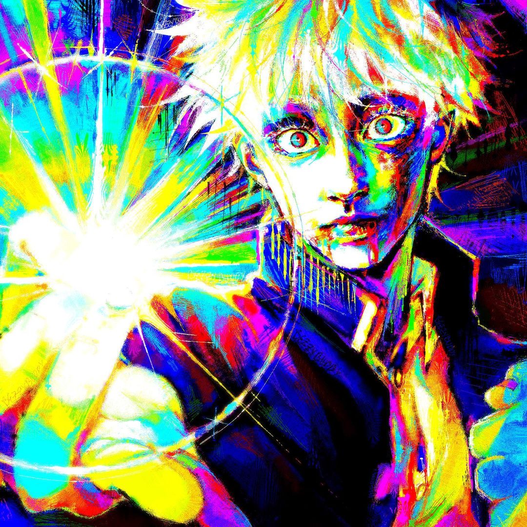 1boy abstract abstract_background bezzybuddy black_jacket colorful constricted_pupils crazy_eyes diffraction_spikes energy gojou_satoru jacket jujutsu_kaisen lens_flare long_sleeves looking_at_viewer magic male_focus multicolored_background open_clothes open_jacket reaching reaching_towards_viewer sanpaku shirt short_hair solo upper_body wide-eyed