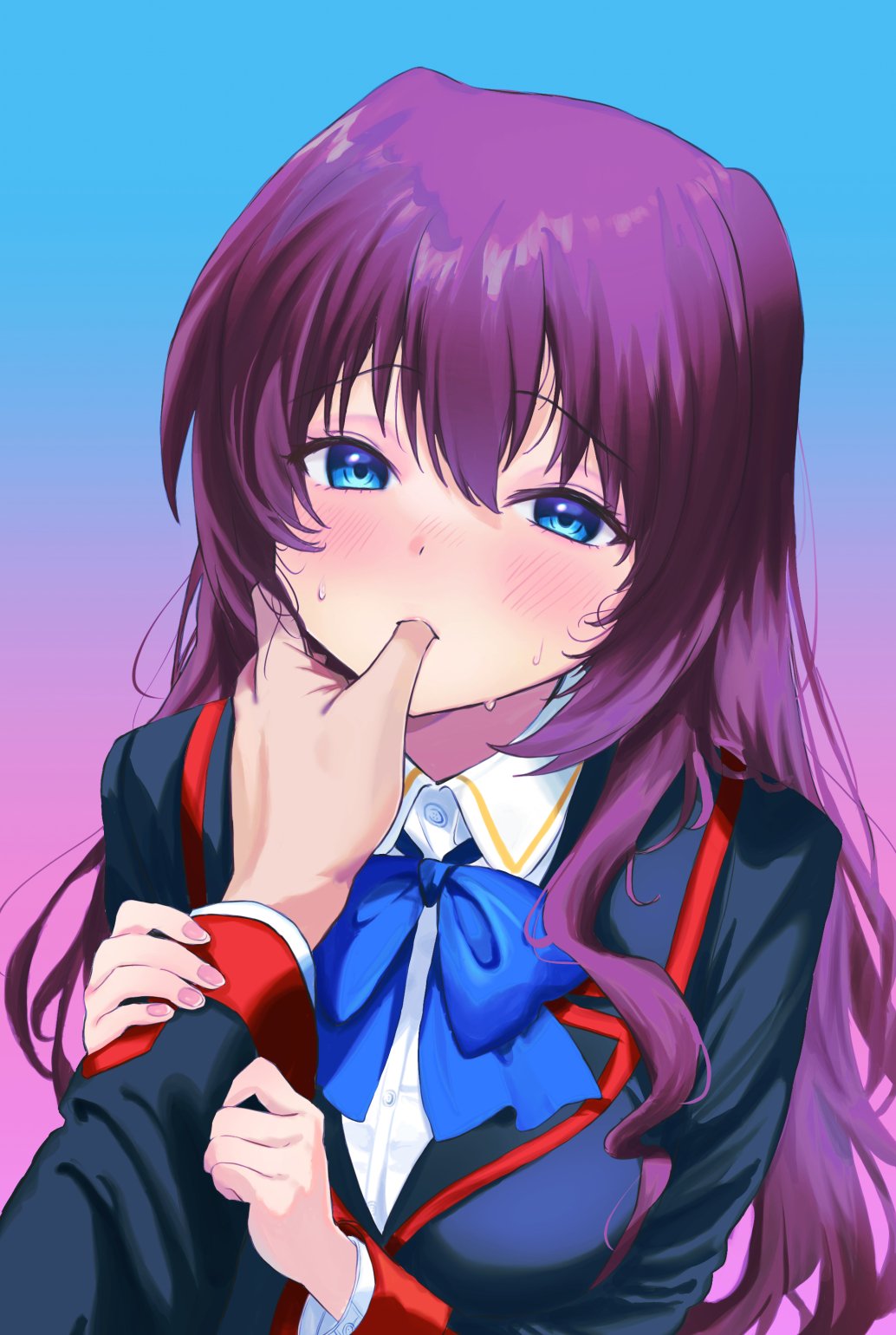 1boy 1girl a-chan_senpai arm_grab black_jacket blue_background blue_bow blue_eyes blush bow breasts collared_shirt commentary_request eyelashes finger_in_another's_mouth finger_sucking fingernails grabbing_another's_arm gradient_background hair_between_eyes half-closed_eyes hands_up hetero highres jacket large_breasts little_busters! little_busters!_school_uniform long_hair long_sleeves looking_at_viewer miiizuno_lbs natsume_kyousuke nose_blush pink_background pov pov_hands purple_hair school_uniform shirt sidelocks simple_background solo sweat tsurime very_long_hair wavy_hair white_shirt