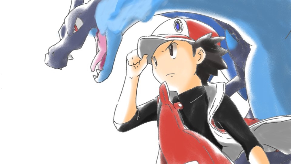 1boy adjusting_clothes adjusting_headwear arm_at_side baseball_cap black_eyes black_hair black_shirt blue_fire breath_weapon breathing_fire bright_pupils charizard closed_mouth commentary covered_collarbone dragon fangs fire from_side hand_up hat jacket koma_sk long_sleeves male_focus mega_charizard_x mega_pokemon open_mouth pokemon pokemon_(creature) pokemon_masters_ex red_(pokemon) red_eyes red_headwear red_jacket serious shirt short_hair simple_background sleeveless sleeveless_jacket standing tongue upper_body v-shaped_eyebrows white_background white_pupils