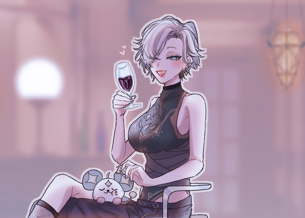 1000mm_nj 1girl alcohol aqua_eyes bandaged_waist bare_shoulders breasts cone_hair_bun cup double_bun drinking_glass earrings fishnets grey_hair hair_bun hair_over_one_eye hip_vent holding holding_cup jewelry kunai_nakasato large_breasts looking_at_viewer mole mole_under_mouth nakarat_(kunai_nakasato) nijisanji nijisanji_en open_mouth short_hair wine wine_glass