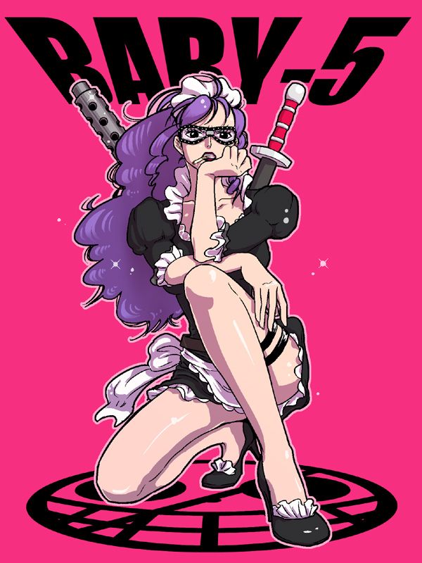 1girl 801sm445 apron baby_5 black_dress black_footwear character_name cigarette commentary_request dress goggles hand_on_own_chin hand_on_own_knee high_heels long_hair maid_apron maid_headdress one_piece pink_background purple_hair short_dress solo squatting weapon weapon_on_back