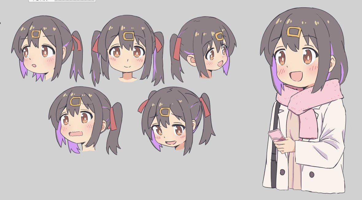 1girl :d :o black_hair blush brown_eyes coat commentary dot_nose expressions grey_background hair_between_eyes hair_ornament hair_ribbon hairclip holding holding_phone light_blush long_sleeves medium_hair multicolored_hair multiple_views onii-chan_wa_oshimai! open_mouth oyama_mihari phone pink_scarf purple_hair red_ribbon ribbon scarf sfm_zhang simple_background smile twintails two-tone_hair wavy_mouth white_coat
