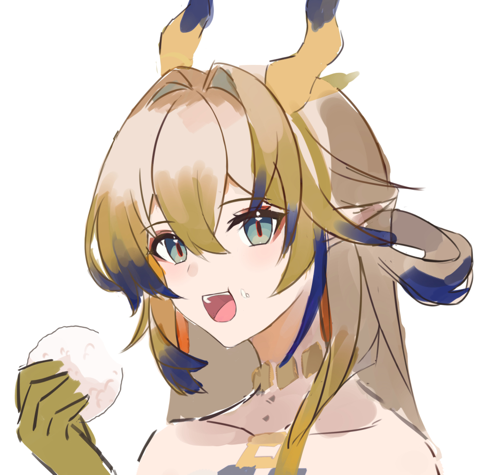 1girl :d arknights bare_shoulders blonde_hair brown_hair colored_skin dragon_girl dragon_horns earrings eating food food_on_face green_eyes hair_between_eyes hair_intakes hand_up holding holding_food horns jewelry looking_at_viewer multico multicolored_hair necklace open_mouth pointy_ears portrait purple_hair rice rice_on_face shu_(arknights) simple_background sketch smile solo unfinished white_background yellow_horns