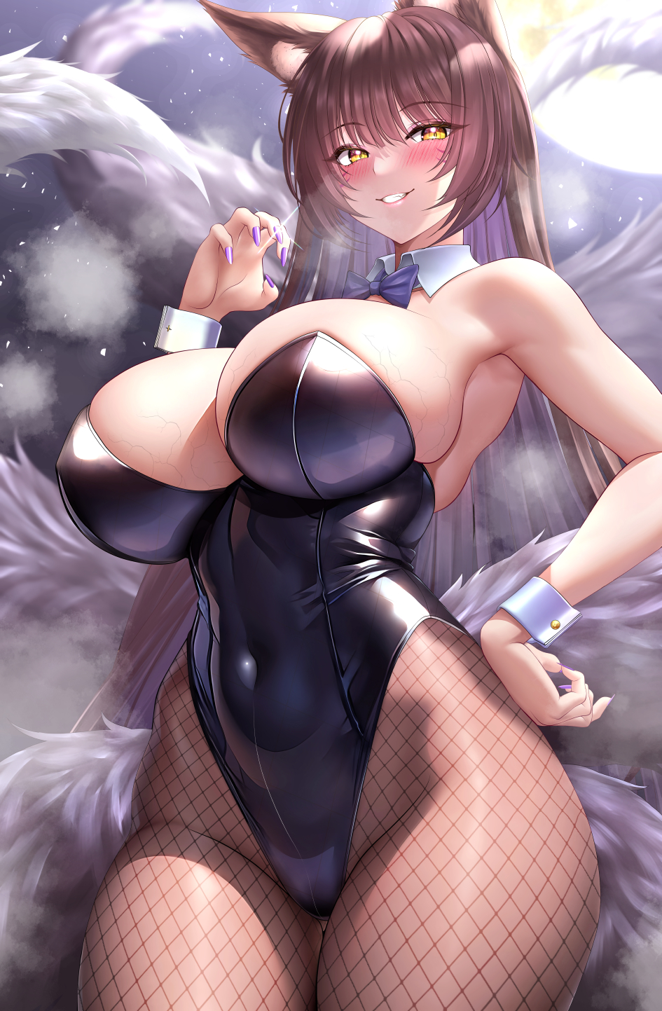 1girl akagi_(azur_lane) animal_ears azur_lane bare_shoulders black_leotard blush bow bowtie breasts brown_hair covered_navel detached_collar fishnet_pantyhose fishnets fox_ears fox_tail grin hand_on_own_hip highres huge_breasts large_breasts leotard long_hair looking_at_viewer multiple_tails nail_polish pantyhose playboy_bunny purple_bow purple_bowtie purple_nails shiny_clothes smile solo studiopokotan tail wrist_cuffs yellow_eyes