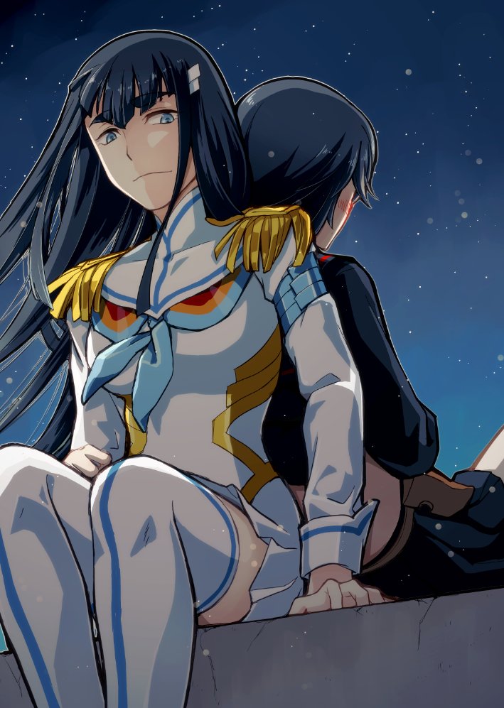 2girls black_hair blush boots breasts hair_ornament hairclip hand_on_own_thigh junketsu kamui_(kill_la_kill) kill_la_kill kiryuuin_satsuki large_breasts leaning_on_person long_hair matoi_ryuuko multiple_girls night night_sky outdoors ren_mizuha senketsu short_hair sky star_(sky) starry_background starry_sky thick_eyebrows thigh_boots