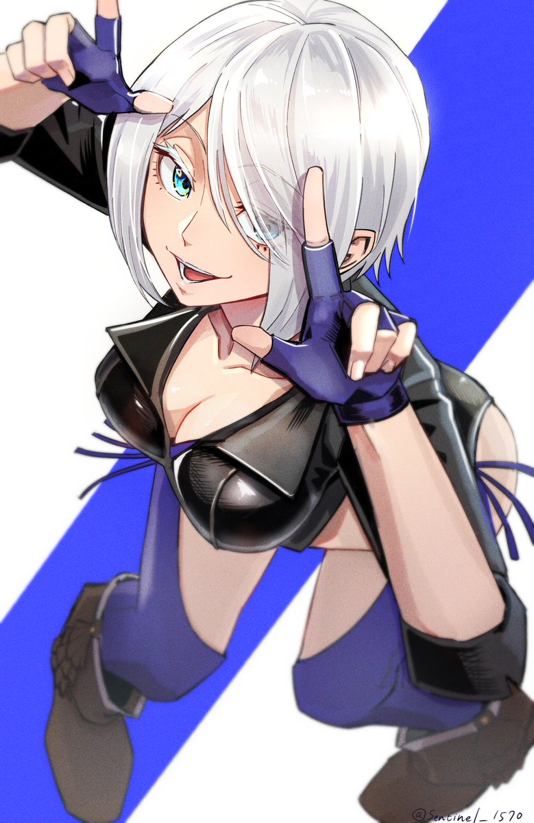 1girl angel_(kof) aqua_eyes black_jacket blue_background blurry blurry_background breasts chaps cleavage collarbone cropped_jacket crotchless crotchless_pants eyes_visible_through_hair from_above hair_over_one_eye highres jacket looking_at_viewer looking_up medium_breasts pants sentinel_1570 short_hair solo the_king_of_fighters white_background white_hair