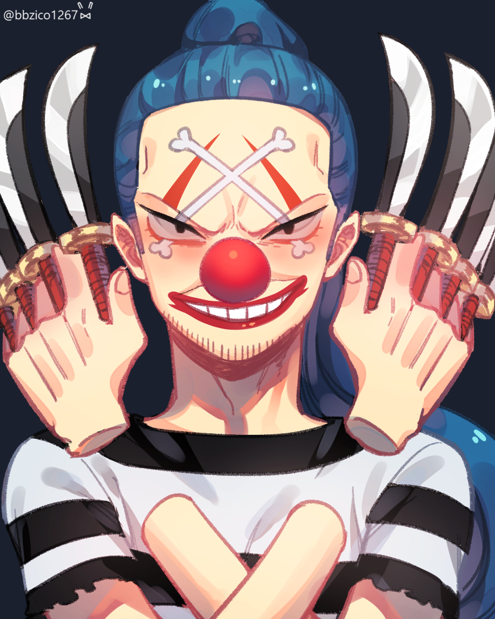 1boy artist_name bbzico1267 black_eyes blue_hair buggy_the_clown clown_nose commentary_request facepaint facial_hair high_ponytail highres holding holding_knife holding_weapon knife long_hair looking_at_viewer male_focus official_alternate_costume one_piece ponytail prison_clothes red_nose shirt short_sleeves signature smile solo striped_clothes striped_shirt teeth weapon