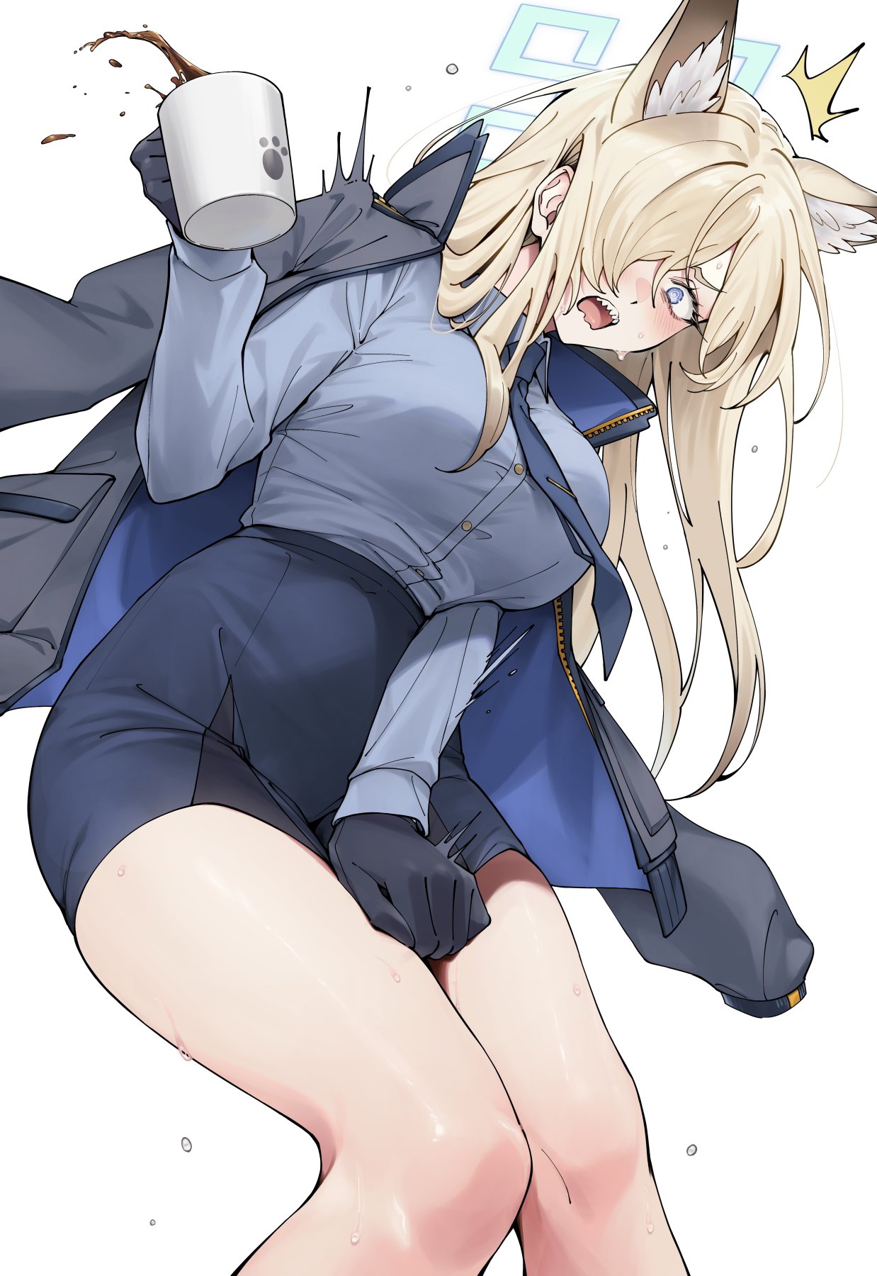 1girl animal_ear_fluff animal_ears blonde_hair blue_archive blue_eyes blue_halo blue_shirt blush breasts coffee coffee_mug cup extra_ears gloves hair_over_one_eye halo highres jacket kanna_(blue_archive) large_breasts long_hair long_sleeves looking_at_viewer mug necktie sharp_teeth shirt skirt solo teeth toujou_masateru