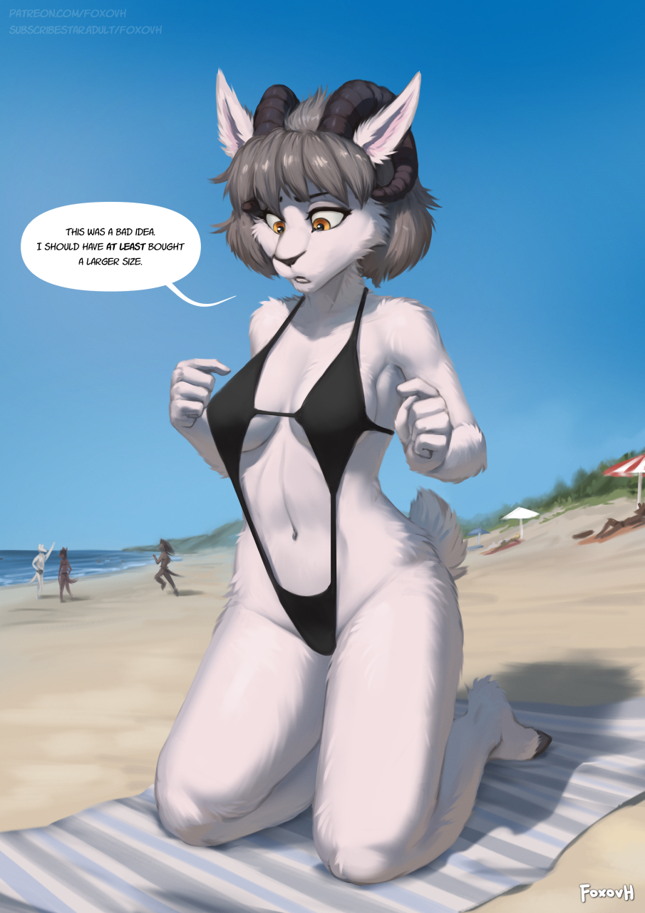 2024 5_fingers anthro beach bovid breasts caprine clothed clothing day dialogue english_text female fingers foxovh fur goat grey_hair group hair hi_res horn kneeling looking_down male mammal navel open_mouth sand sea solo solo_focus swimwear tail teeth text towel water white_body white_fur yellow_eyes