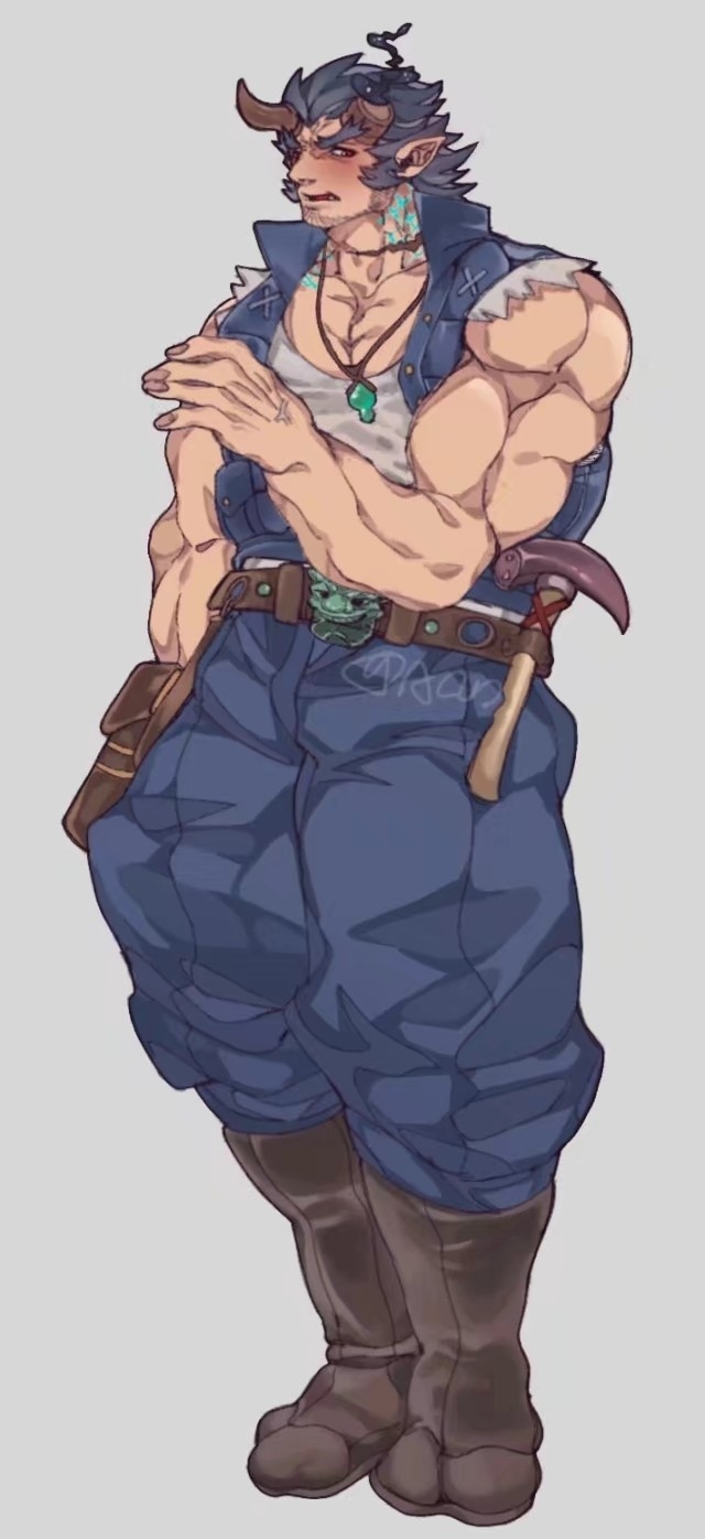 1boy bara blue_hair blush boots broken_horn cargo_pants dark_blue_hair demon_boy demon_horns facial_hair full_body goatee_stubble hammer highres horns male_focus mechanic muscular muscular_male mutton_chops pants pectorals short_hair shy solo standing stubble suansushiji tachi-e takemaru_(housamo) thick_eyebrows tokyo_afterschool_summoners torn_clothes torn_sleeves