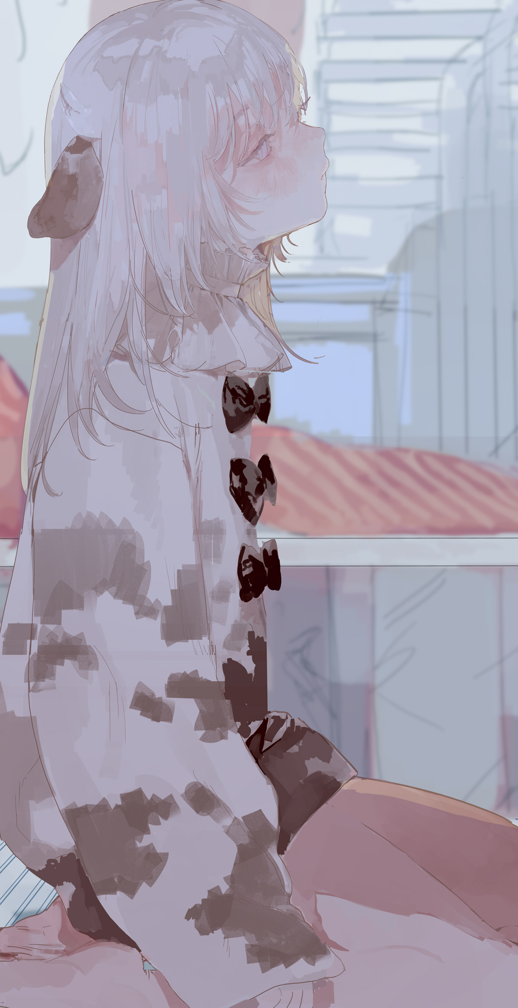 1girl animal_ears animal_print black_bow blush bow closed_mouth cow_ears cow_girl cow_print from_side grey_eyes highres indoors long_hair long_sleeves original osiri60812441 profile shorts sitting sleeves_past_wrists solo sweater white_hair white_sweater