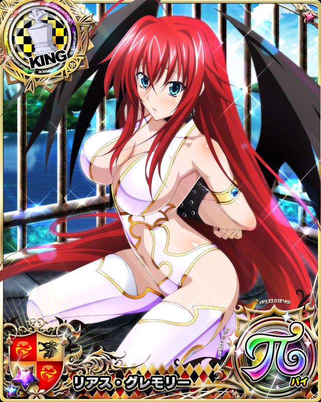 arms_behind_back bare_shoulders black_wings blush boots bound bound_arms breasts cage card cleavage demon_wings high_school_dxd leotard midriff mobage non-web_source red_hair rias_gremory thigh_boots thighs white_leotard wings