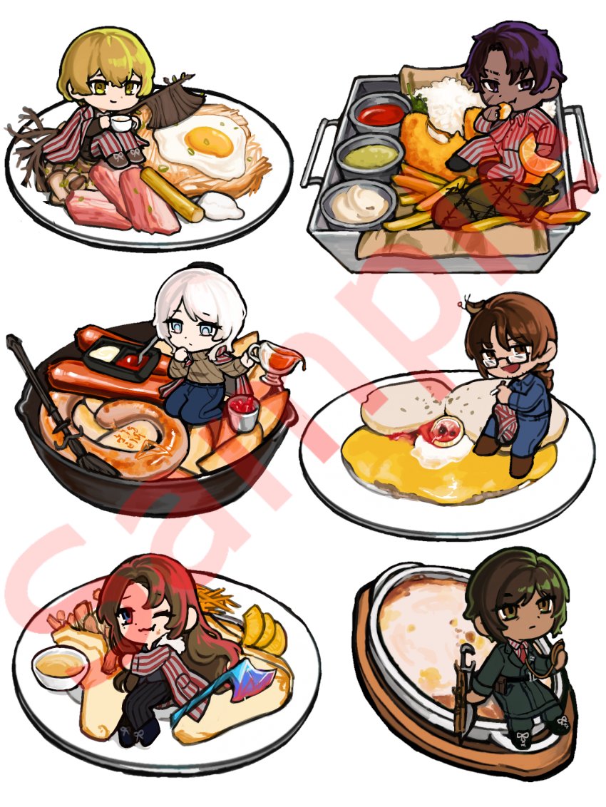 3boys 3girls axe bacon blini blonde_hair blue_eyes bowl brown_eyes brown_hair brown_sweater bug chibi chips_(food) closed_mouth cockroach e.g.o_(project_moon) faust_(project_moon) fish_(food) fish_and_chips food food_focus fried_egg gregor_(project_moon) hamhampangpang heathcliff_(project_moon) holding holding_axe limbus_company long_hair looking_at_viewer mini_person miniboy minigirl moussaka_(food) multiple_boys multiple_girls one_eye_closed outis_(project_moon) peulliakab77314 plate project_moon purple_eyes ribbed_sweater rodion_(project_moon) rosti_(food) sample_watermark sauce sausage short_hair simple_background sinclair_(project_moon) sitting smile svickova sweater tray very_long_hair watermark white_background wurst yellow_eyes