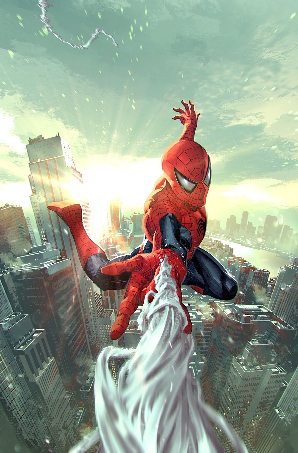 1boy \m/ airborne bodysuit cloud comic_cover cover_image english_commentary full_body highres kael_ngu male_focus marvel mask new_york official_art open_hand red_bodysuit sky solo spider-man spider-man_(series) superhero_costume western_comics_(style)