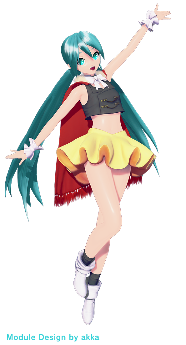 1girl 3d :d akka alpha_transparency aqua_eyes aqua_hair arm_up bare_arms bare_shoulders black_socks bow bowtie cape crop_top eyebrows_hidden_by_hair flat_chest frilled_skirt frilled_wrist_cuffs frills full_body hair_between_eyes hatsune_miku knees long_hair looking_at_viewer midriff miniskirt official_art open_mouth project_diva project_diva_(series) project_diva_mega39's red_cape shirt shoes simple_background skirt sleeveless sleeveless_shirt smile socks solo standing standing_on_one_leg thighs twintails very_long_hair white_background white_bow white_bowtie white_footwear white_wrist_cuffs wrist_cuffs yellow_skirt