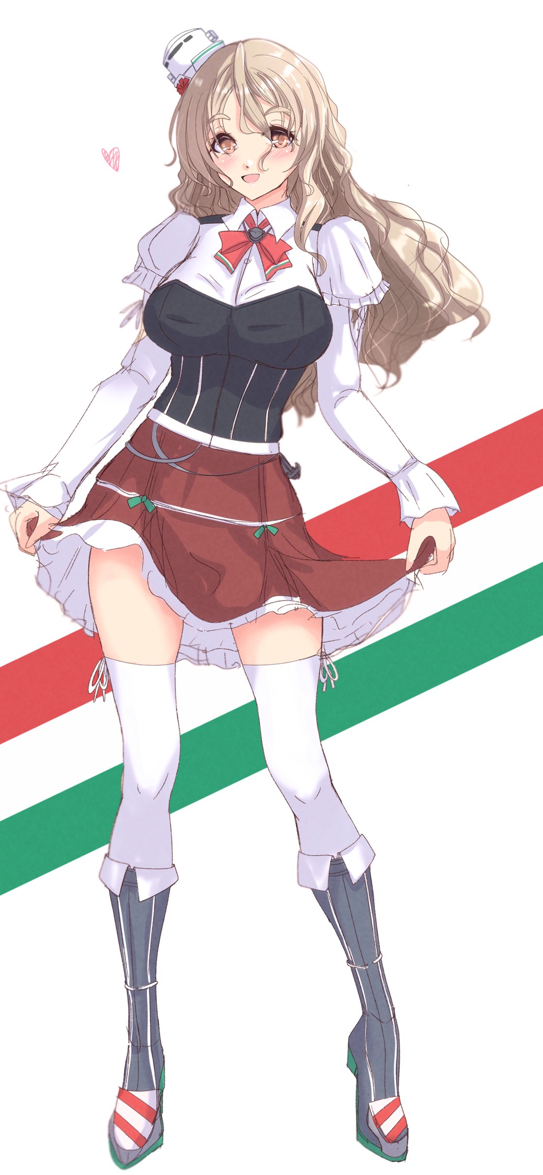 1girl absurdres blush bodice boots breasts brown_eyes corset drunk full_body grey_hair hair_between_eyes hat highres italian_flag kantai_collection large_breasts long_hair long_sleeves looking_at_viewer mini_hat nitamako_(sakamalh) open_mouth pola_(kancolle) red_skirt shirt skirt smile solo thick_eyebrows thighhighs tilted_headwear wavy_hair white_background white_shirt white_thighhighs