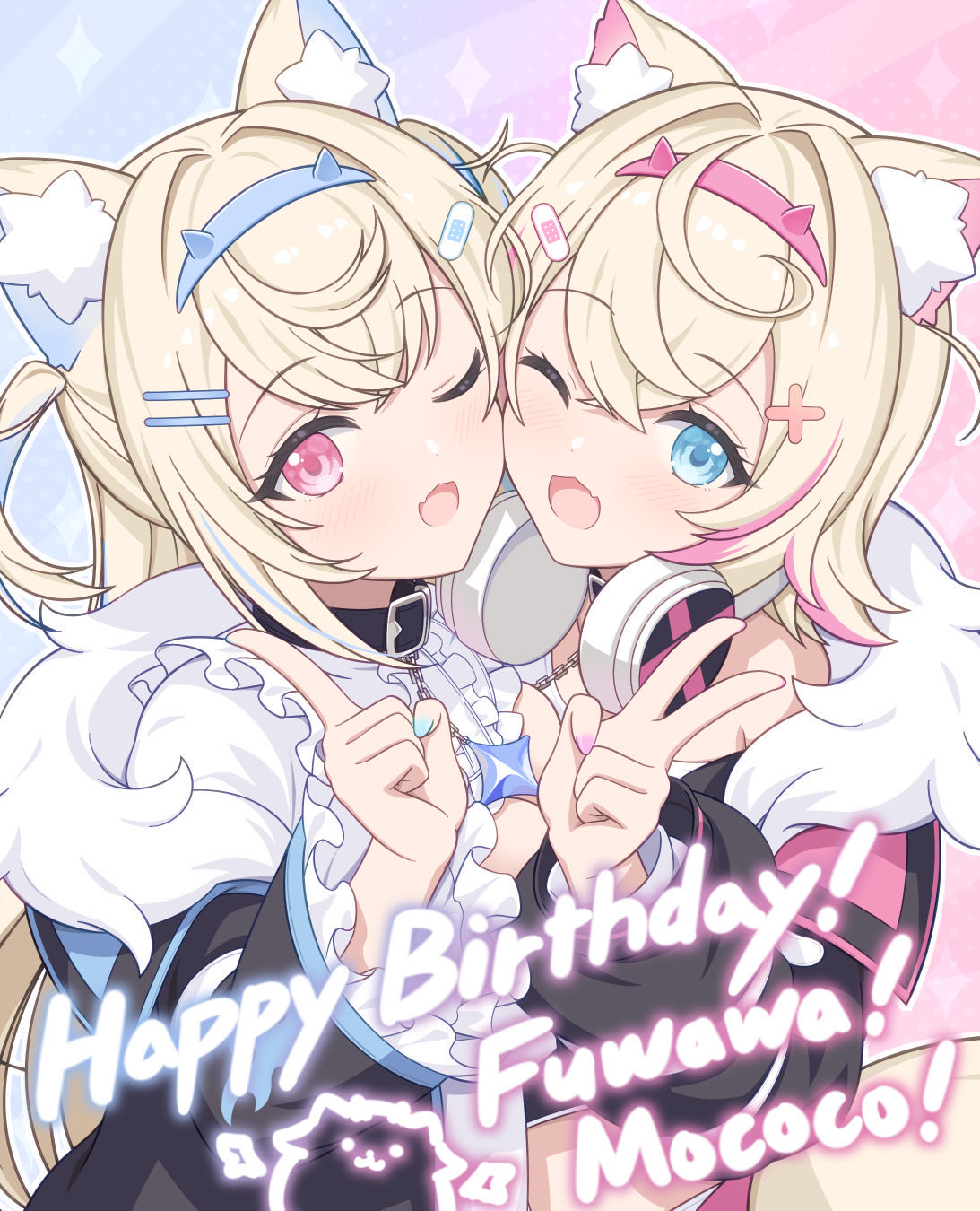 2girls ;d animal_ear_fluff animal_ears bandaid bandaid_hair_ornament belt_collar black_collar black_jacket blonde_hair blue_background blue_eyes blue_hair blue_hairband center_frills chain character_name cheek-to-cheek collar colored_inner_animal_ears commentary crossed_bangs dog_ears dog_girl english_commentary english_text fang frills fur_collar fuwamoco fuwawa_abyssgard fuwawa_abyssgard_(1st_costume) gradient_background hair_between_eyes hair_ornament hairband hairclip happy_birthday headphones headphones_around_neck heads_together highres hololive hololive_english horn_hairband index_finger_raised jacket light_blush long_hair long_sleeves looking_at_viewer misakiotukimi mococo_abyssgard mococo_abyssgard_(1st_costume) multicolored_hair multiple_girls nail_polish off_shoulder one_eye_closed outline pink_background pink_eyes pink_hair pink_hairband short_hair simple_background skin_fang smile streaked_hair two-tone_hair two_side_up v virtual_youtuber white_outline x_hair_ornament