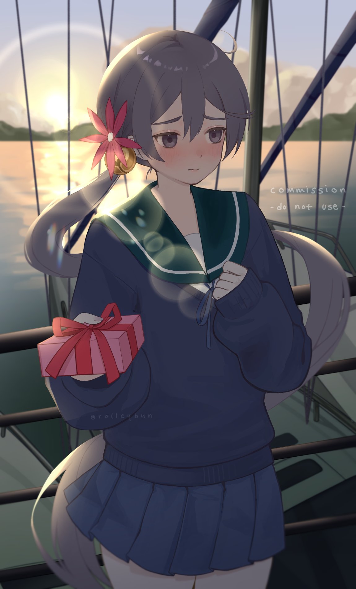 1girl adapted_costume akebono_(kancolle) bell blue_sailor_collar blue_skirt commission cowboy_shot flower gift hair_bell hair_flower hair_ornament highres jingle_bell julie kantai_collection long_hair looking_to_the_side official_alternate_costume pleated_skirt purple_eyes purple_hair railing sailor_collar school_uniform serafuku side_ponytail skirt solo sunset
