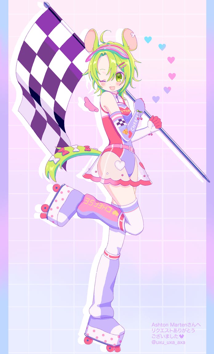 1girl ashton_marten_(vtuber) bow checkered_flag cheese_print cherry_print chinchilla_(animal) chinchilla_ears chinchilla_girl chinchilla_tail commentary commission elbow_gloves english_commentary flag food_print gloves green_eyes grid_background hair_ornament hairclip indie_virtual_youtuber leg_warmers multicolored_leotard one_eye_closed open_mouth race_queen roller_skates see-through see-through_skirt short_hair skates skeb_commission skirt tail tail_bow tail_ornament thighhighs uxu_uxa_axa virtual_youtuber visor_cap white_thighhighs