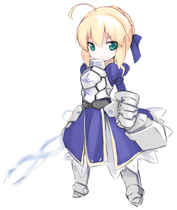 1girl ahoge armor armored_boots armored_dress artoria_pendragon_(all) blonde_hair boots chibi fate/stay_night fate_(series) full_body gauntlets green_eyes hair_ribbon invisible_air juliet_sleeves karukan_(monjya) long_sleeves looking_at_viewer puffy_sleeves ribbon saber simple_background solo standing white_background