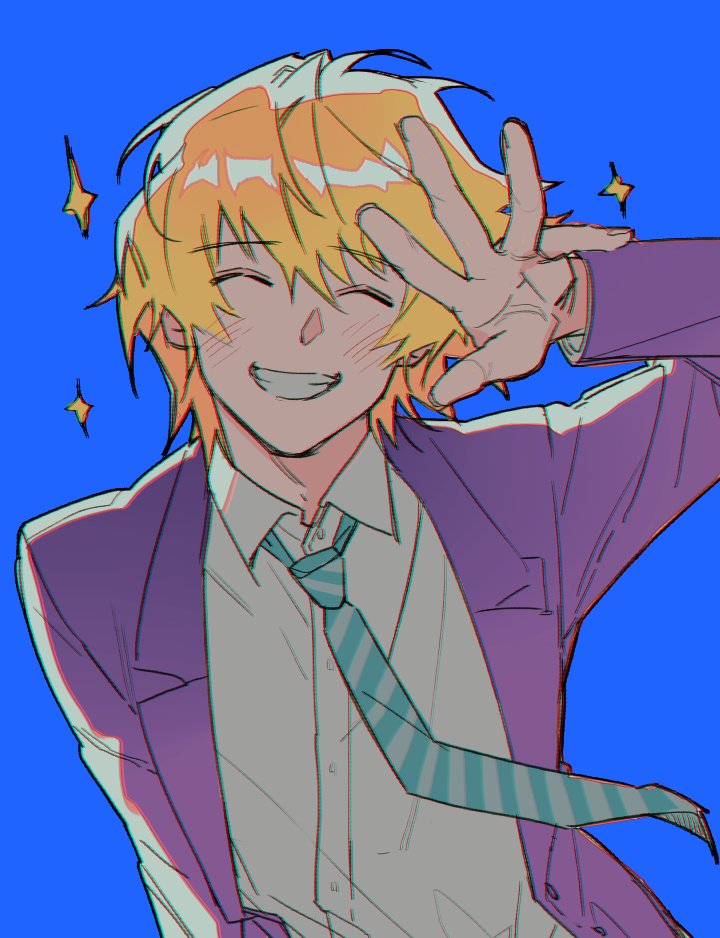 1boy blazer blonde_hair blue_background blue_necktie blush chromatic_aberration closed_eyes collared_shirt hanazawa_teruki hand_up jacket long_sleeves male_focus mob_psycho_100 necktie ooh_coco purple_jacket school_uniform shirt short_hair simple_background smile solo sparkle striped_necktie upper_body white_shirt