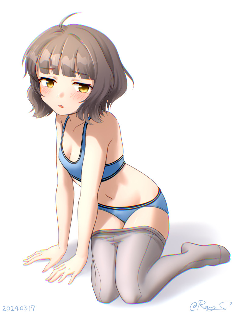 1girl blue_sports_bra blush brown_eyes brown_hair flat_chest grey_pantyhose kantai_collection kishinami_(kancolle) looking_at_viewer no_pupils pantyhose ray.s seamed_legwear short_hair side-seamed_legwear simple_background solo sports_bra wavy_hair white_background