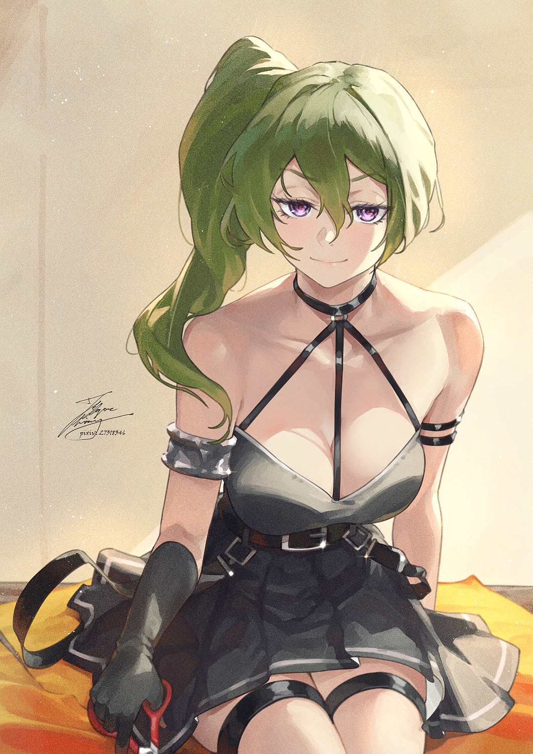 1girl arm_strap bare_shoulders black_dress black_gloves breasts choker cleavage dress fadingz gloves green_hair hair_between_eyes highres holding holding_scissors long_hair looking_at_viewer o-ring purple_eyes scissors side_ponytail sitting smile solo sousou_no_frieren thigh_strap ubel_(sousou_no_frieren)