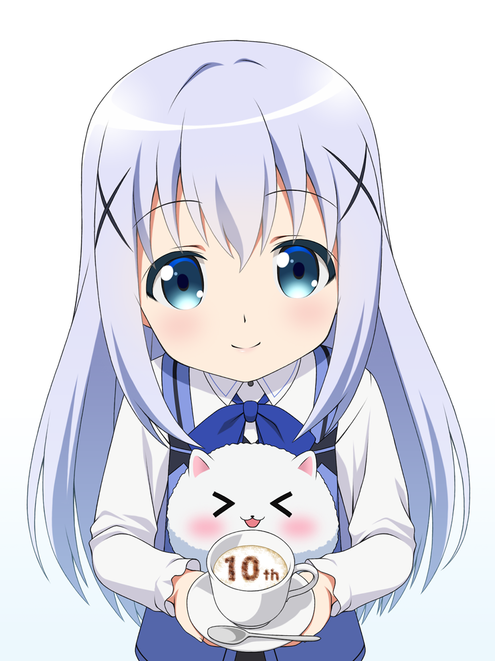 1girl angora_rabbit animal anniversary blue_bow blue_eyes blue_hair blue_vest bow closed_mouth collared_shirt commentary_request cup gaou_(babel) gochuumon_wa_usagi_desu_ka? hair_ornament highres holding holding_saucer kafuu_chino latte_art long_hair rabbit rabbit_house_uniform saucer shirt simple_background smile spoon tippy_(gochiusa) uniform upper_body very_long_hair vest waitress white_background white_shirt x_hair_ornament