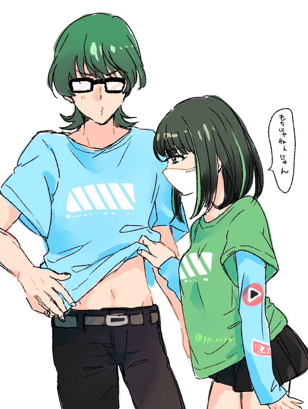 1girl artist_name belt black_hair blush breasts coyo_(pp_coyo) glasses green_hair gridman_universe gridman_universe_(film) hassu highres long_sleeves mask mouth_mask official_alternate_costume pants shirt short_hair skirt speech_bubble surgical_mask t-shirt utsumi_shou