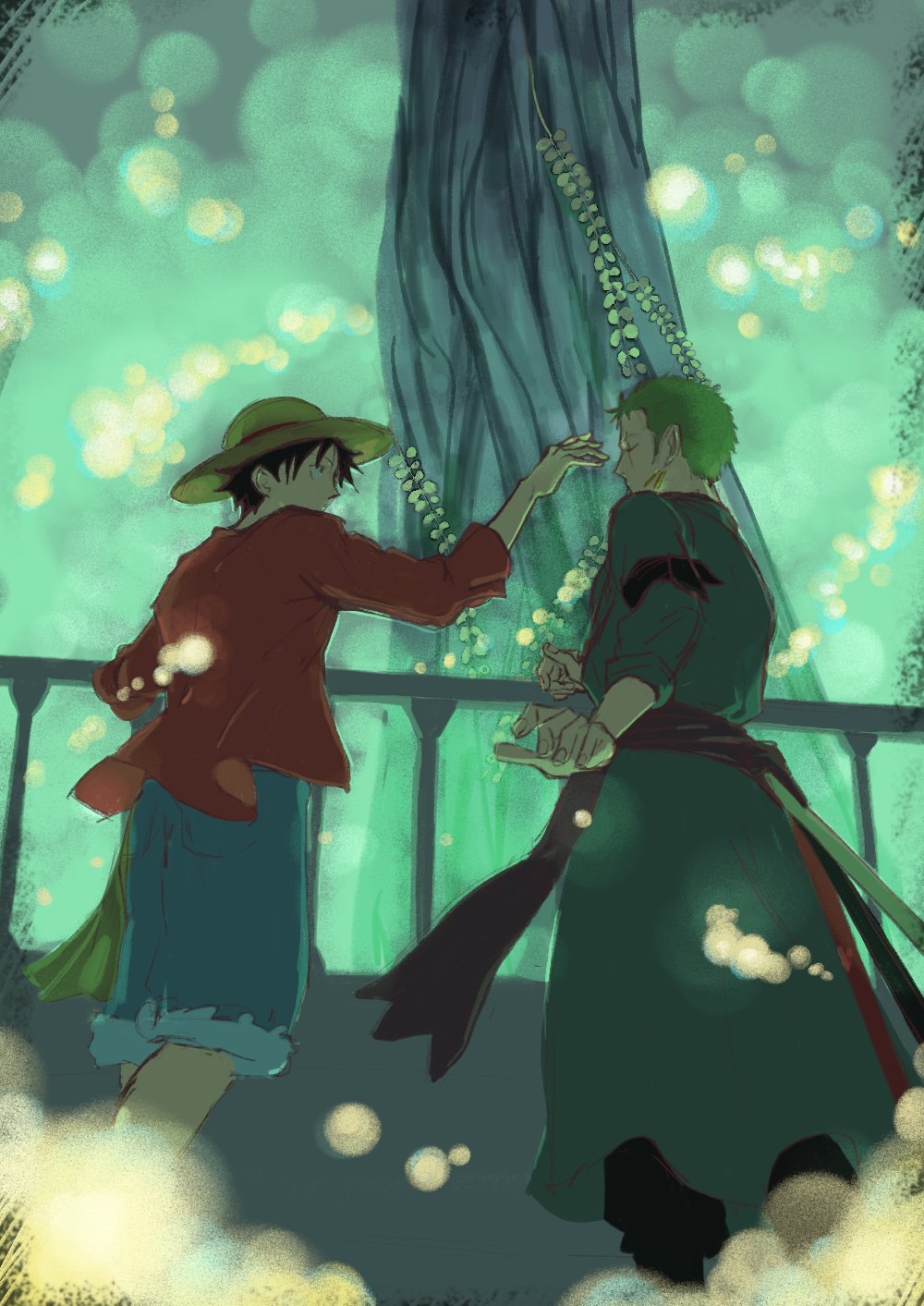 2boys 7nawon bandana bandana_around_arm black_bandana black_eyes black_hair earrings feet_out_of_frame floating_lights green_hair green_theme hat highres jewelry looking_at_another male_focus monkey_d._luffy multiple_boys one_piece roronoa_zoro scar scar_on_cheek scar_on_face short_hair sideburns single_earring straw_hat tree