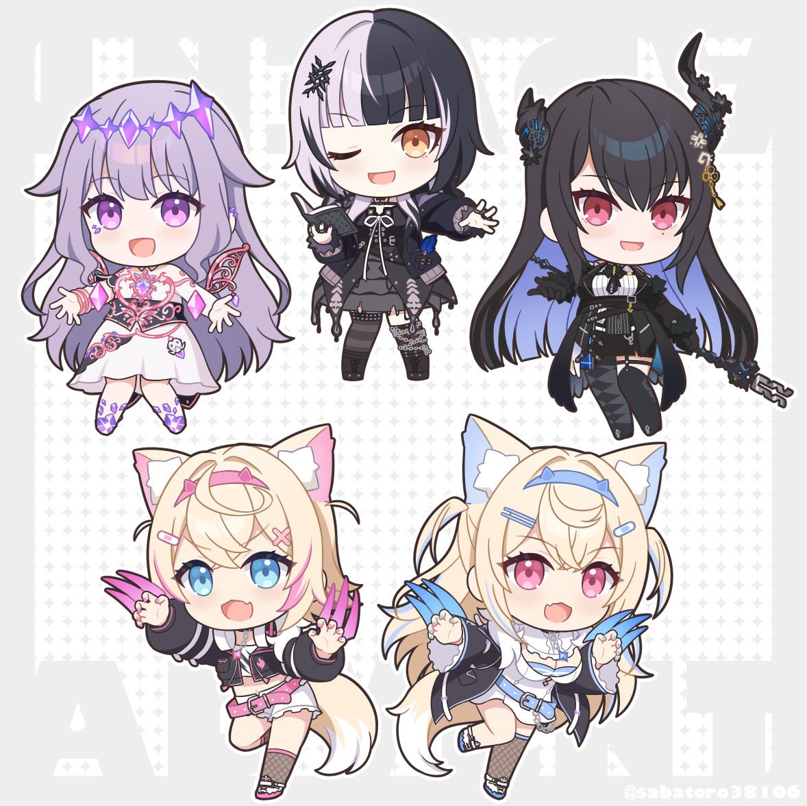 5girls :d ;d animal_ears asymmetrical_horns black_hair black_horns blonde_hair blue_eyes blue_hair blunt_bangs blunt_ends book chibi claw_pose colored_inner_hair commentary dog_ears dog_girl dog_tail dress english_commentary fake_claws fuwamoco fuwawa_abyssgard fuwawa_abyssgard_(1st_costume) grey_hair holding holding_book holoadvent hololive hololive_english horns jewel_under_eye koseki_bijou koseki_bijou_(1st_costume) long_hair looking_at_viewer metal_wings misakiotukimi mococo_abyssgard mococo_abyssgard_(1st_costume) mole mole_under_eye multicolored_hair multiple_girls nerissa_ravencroft nerissa_ravencroft_(1st_costume) one_eye_closed open_mouth orange_eyes pink_eyes pink_hair purple_eyes red_eyes shiori_novella shiori_novella_(1st_costume) short_hair simple_background smile split-color_hair staff streaked_hair tail twitter_username two-tone_hair very_long_hair virtual_youtuber white_dress