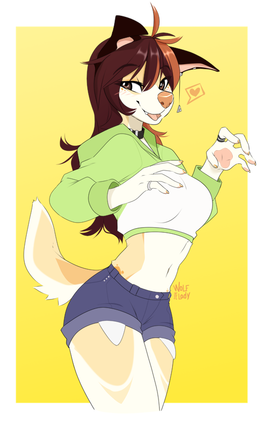 2024 5_fingers anthro breasts brown_eyes brown_hair canid canine canis clothed clothing collar countershade_torso countershading cropped_sweater danika_(wolflady) digit_ring domestic_dog ear_piercing female finger_ring fingers fully_clothed fur hair heart_symbol highlights_(coloring) jeans_shorts jewelry looking_at_viewer mammal midriff navel open_mouth open_smile piercing simple_background smile solo standing tail tan_body tan_fur tongue wolflady yellow_background