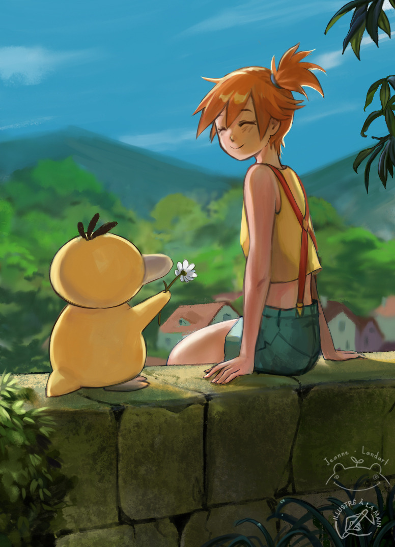 1girl artist_logo artist_name bare_legs bare_shoulders blue_sky building closed_eyes crop_top day denim denim_shorts flower green_eyes holding holding_flower jeanne-landart legs looking_at_another midriff misty_(pokemon) orange_hair outdoors plant pokemon pokemon_(anime) pokemon_(classic_anime) psyduck shiny_skin shirt shoes short_shorts short_sidetail shorts sitting_on_wall sky sleeveless smile sneakers solo stone_wall suspenders white_flower yellow_shirt