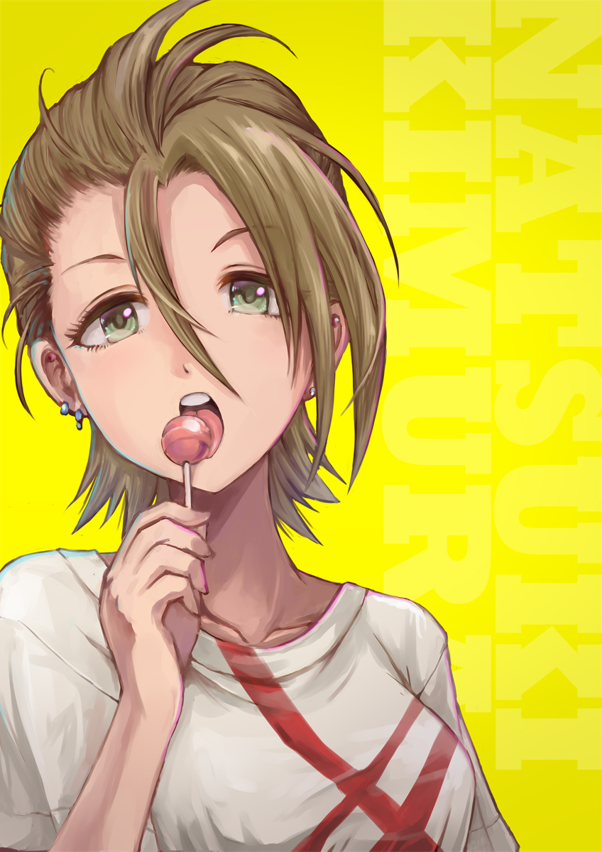 1girl breasts brown_hair candy collarbone earrings food green_eyes hair_between_eyes highres holding holding_candy holding_food holding_lollipop idolmaster idolmaster_cinderella_girls idolmaster_cinderella_girls_starlight_stage jewelry kimura_natsuki lollipop looking_at_viewer medium_breasts open_mouth portrait satomura_kyou shirt short_hair short_sleeves simple_background solo teeth tongue tongue_out upper_teeth_only white_shirt yellow_background