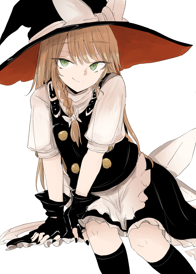 1girl apron arm_support black_gloves black_legwear black_nails blonde_hair bow braid gloves green_eyes hat invisible_chair kirisame_marisa kneehighs leaning_to_the_side long_hair looking_at_viewer ne_kuro short_braid side_braid sitting smile smirk solo touhou v_arms white_background white_bow witch_hat
