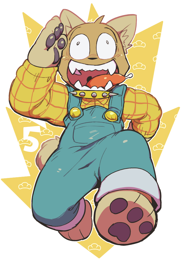 2018 4_fingers anthro black_pawpads bodily_fluids brown_body brown_fur canid canine canis clothing collar domestic_dog drooling fingers full-length_portrait fur hyperactive jyushimatsu_matsuno male mammal mr._osomatsu overalls pawpads plaid plaid_shirt portrait running saliva sharp_teeth simple_background solo spiked_collar spikes teeth tongue tongue_out yellow_theme ziroro326
