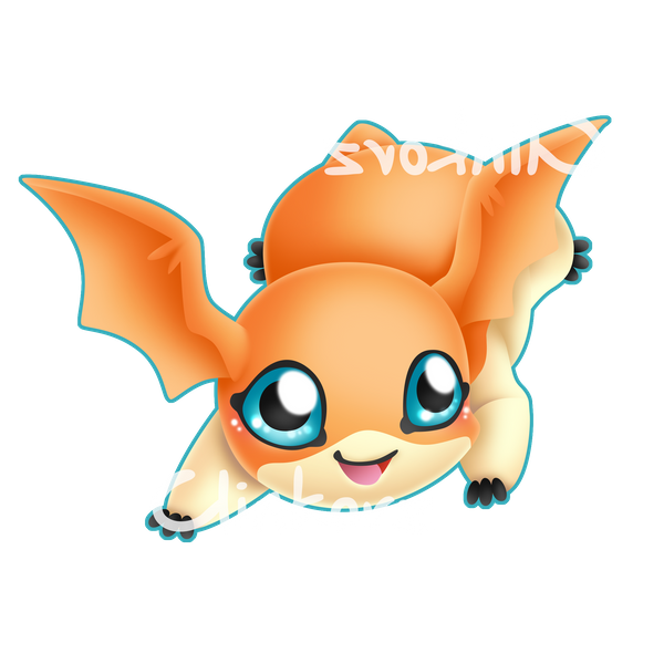 1:1 2017 alpha_channel ambiguous_gender bat_wings blue_eyes blush clinkorz digimon digimon_(species) head_wings membrane_(anatomy) membranous_wings orange_body patamon signature simple_background solo toes transparent_background wings