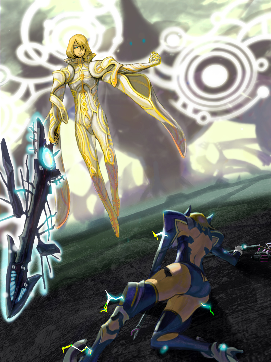 1boy 1girl ass blonde_hair blue_eyes blue_legwear blue_leotard cyborg defeat dual_wielding dutch_angle energy_wings fiorun floating full_body glowing glowing_eyes halo highres holding leotard levitation monado on_ground short_hair thighhighs usa(usa xanthe xenoblade_(series) xenoblade_1