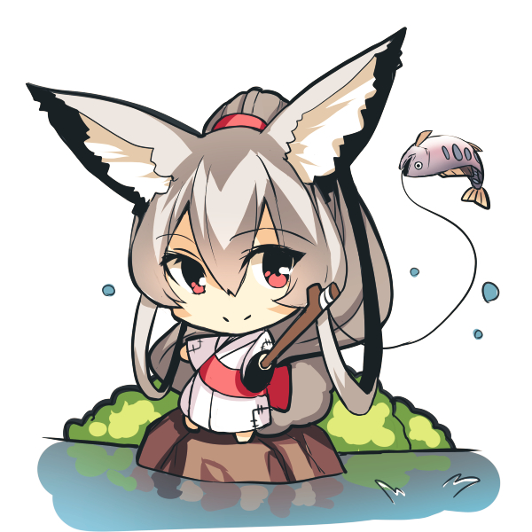 1girl absurdly_long_hair animal animal_ear_fluff animal_ears barefoot chibi closed_mouth commentary_request day fish fishing_line fishing_rod fox_ears fox_girl fox_tail full_body grey_hair holding holding_fishing_rod japanese_clothes kimono long_hair long_sleeves obi original outdoors patches ponytail sash smile solo splashing standing tail very_long_hair water white_background white_kimono wide_sleeves yuuji_(yukimimi)