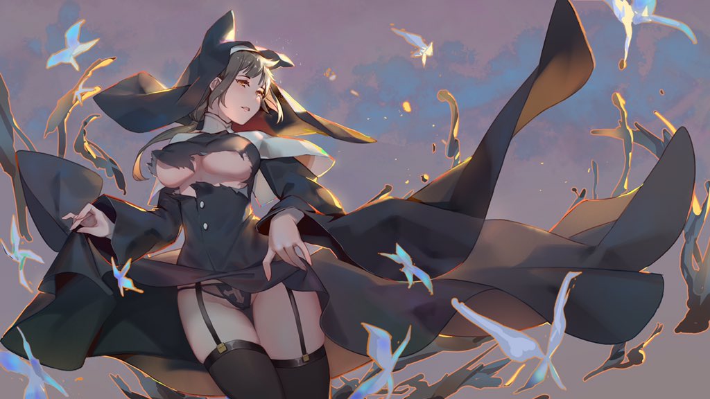 1girl animal areola_slip areolae black_dress blush brown_hair bug butterfly cloud cloudy_sky cross dress fingernails garter_straps insect kenpenghaoxuan long_hair nun orange_eyes original panties parted_lips sky smile solo thighhighs torn_clothes turtleneck underwear